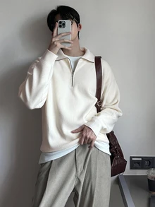 DAZY Men's Solid White Zip-Up Stand Collar Sweater, Autumn/Winter - White - View 7