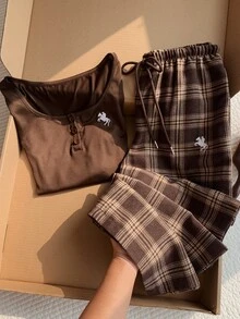 Comfortcana Women's Knight Embroidery Long Sleeve T-Shirt And Plaid Pants Casual 2 Pieces Set - Brown - View 6
