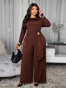 SOLERSUN Plus Size Solid Color Draped Long Sleeve Jumpsuit, Round Neck, Minimalist Cut, Waist Side Metal Buckle With Flap, Evening Party, Elegant Mature Style, One-Piece - Coffee Brown - View 1