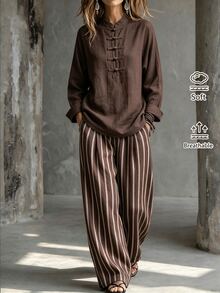 SHEIN Women's Solid Color Frog Button Design Long Sleeve Shirt And Striped Long Pants 2 Pieces Set - Brown - View 1