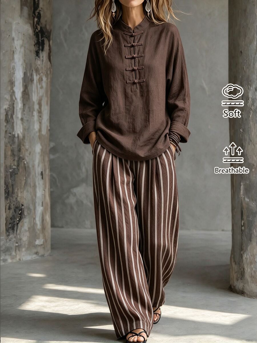 SHEIN Women's Solid Color Frog Button Design Long Sleeve Shirt And Striped Long Pants 2 Pieces Set - Brown - View 1