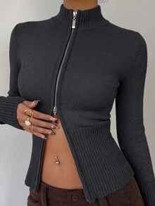 Aloruh Women's Casual Ribbed High Neck Zip-Up Long Sleeve Sweater Cardigan, Yellow, Suitable For Everyday Wear And Sports, Autumn/Winter - Dark Grey - View 4