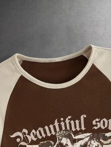 HIMLAND Men's Letter Angel Print Raglan Long Sleeve Casual T-Shirt - Brown - View 5