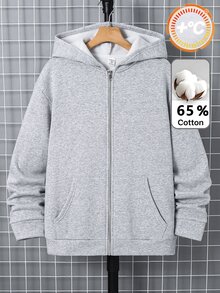 SHEIN 青少年男孩新款休閒時尚極簡基礎款運動灰色拉鍊連帽衛衣，適合秋冬、學校、家庭聚會、返校、生日派對、拍照、度假、假日，舒適運動風 - 灰色 - 查看 3