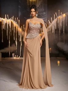 Glamrae Elegant Champagne Sequin Sequins Chiffon Strapless Sweetheart Ruched Draped Peplum Cape Mermaid Train Wedding Guest Prom Ball Autumn Evening Gown - Champagne - View 3