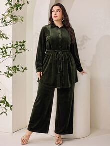 Modelyn Plus Size Women Solid Color Pleated Long Sleeve Top And Pants Casual Daily 2 Pieces Set - Olive Green - View 4