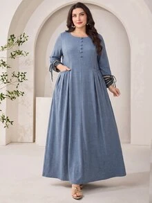 Al Najma Plus Size Women Solid Color Pleated Casual Party Arabian Dress - Dusty Blue - View 4