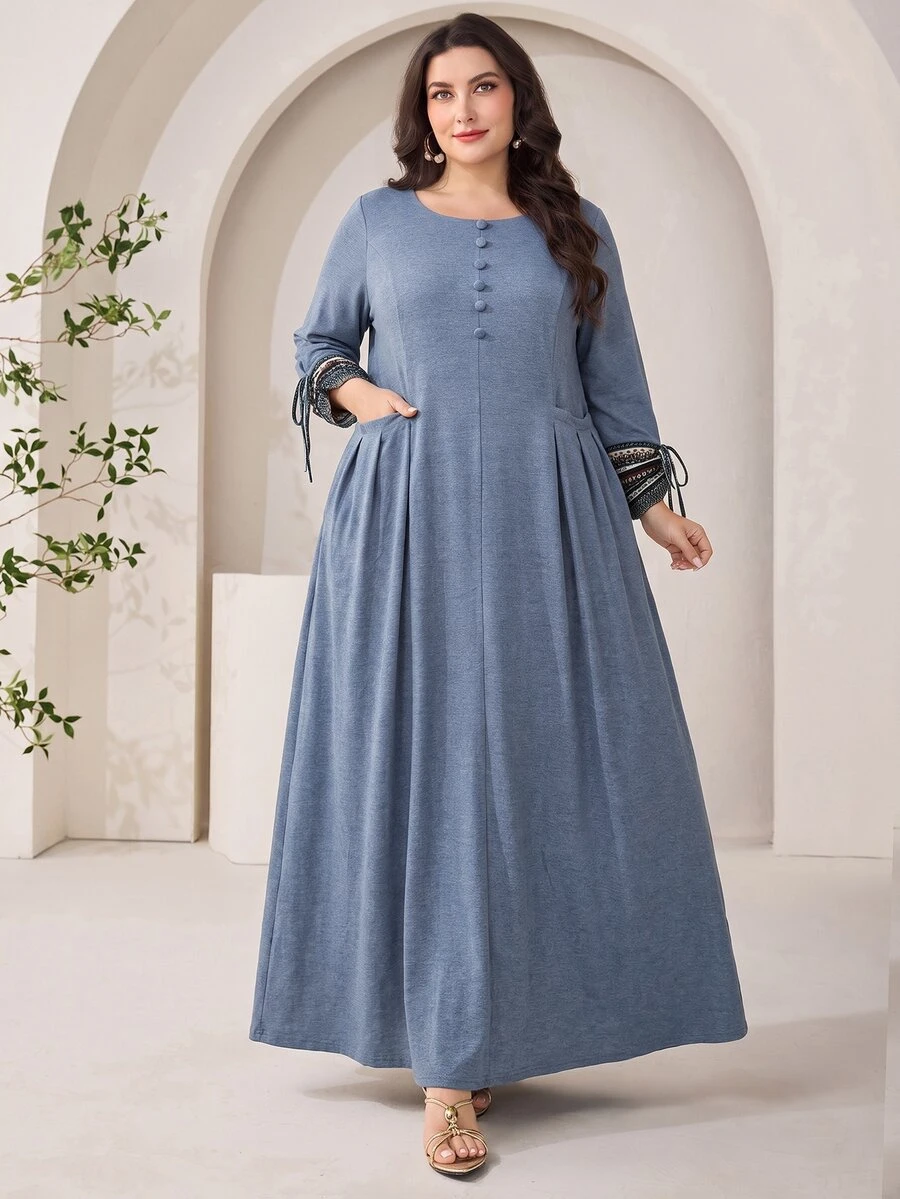 Al Najma Plus Size Women Solid Color Pleated Casual Party Arabian Dress - Dusty Blue - View 1