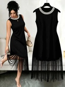 Elenzga Plus Size Beaded Decor Tassel Patchwork Premium Evening Dress - Black - View 1