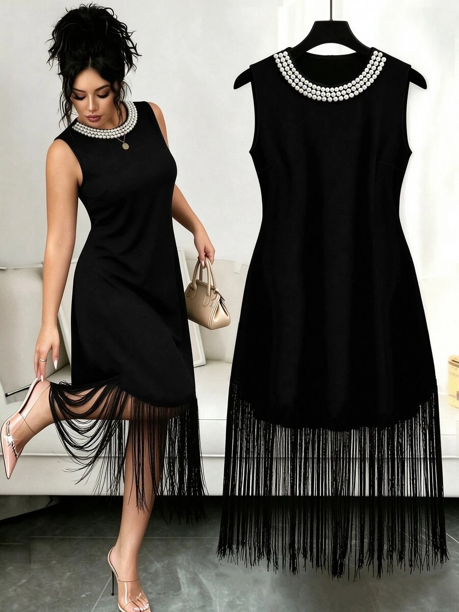 Elenzga Plus Size Beaded Decor Tassel Patchwork Premium Evening Dress - Black - View 1