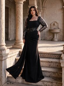 Coutiva Plus Size Elegant Classy Black Fall Formal Dinner Prom Fuchsia Lace Cold Shoulder Ruched Mermaid Maxi Dress Sheer Details New Year - Black - View 6