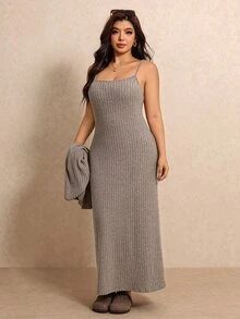 Elaquor Setelan Kasual 2 Potong Atasan Lengan Panjang dan Rok Warna Polos untuk Wanita Ukuran Besar - Khaki - View 3