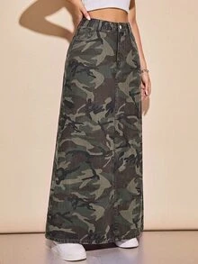 Rivivi 大尺碼女款長版休閒牛仔裙，附口袋 - 軍綠色 - 查看 6