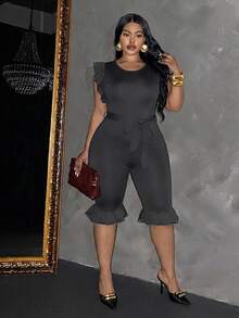 Slaydiva Women's Ruffle Sleeveless Fitted Cropped Jumpsuit With Belt, Black - Dark Grey - View 7