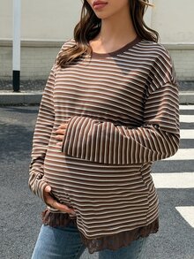 DAZY Patchwork Hem Lace Loose Long Sleeve Pullover Casual Daily Korean Style Spring Autumn Maternity T-Shirt - Brown - View 1