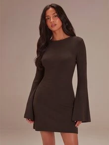 Athîral Women's Solid Color Casual Daily Knit Dress - Coffee Brown - View 2