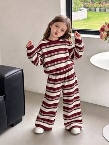 (1套)少女秋冬休閒波爾多紅、棕色、奶油白條紋圓領衛衣與寬腿褲 - 彩色 - 查看 3