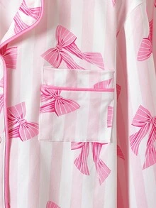 Teen Girl Bow Print Long Sleeve Top And Pants Lounge Set - Pink - View 8
