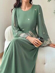 Al Najma Elegant Vintage Dark Green Flared Sleeve Daily Commute/Date/Dinner Party Heavy Embroidery Chiffon Long Dress Green Fall/Winter - Green - View 5