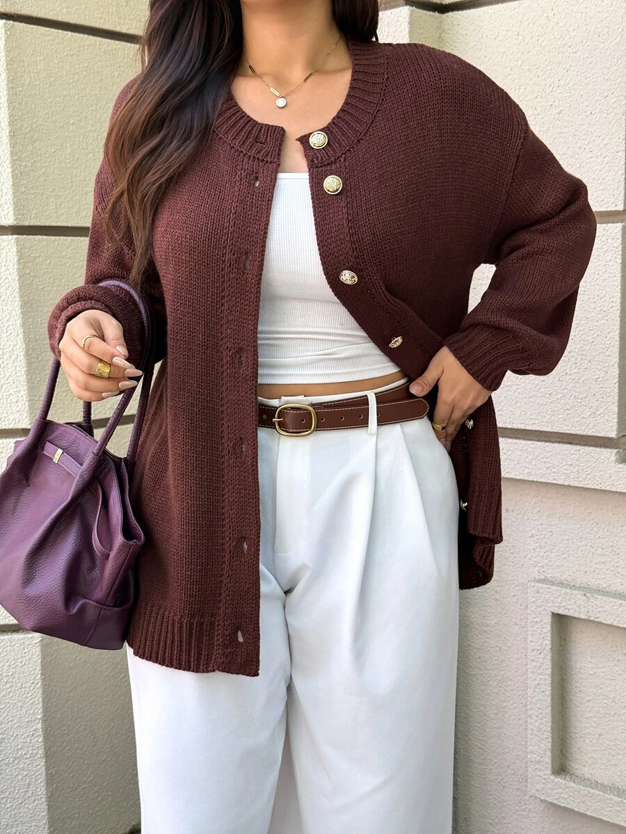 Easura Plus Size Brown & Gold Button Lantern Sleeve Cardigan Sweater, Casual Vintage Comfortable - Brown - View 1