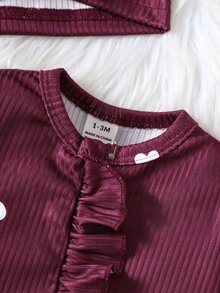 SHEIN Baby Girl 2pcs Ribbed Heart Print Footed Romper With Ruffle & Bow Hat Set, Soft Knit Autumn Daily Wear - Burgundy - View 7