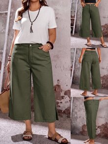 EMERY ROSE EMERY ROSE Plus Size Women's Pocket Side Slit Wide Leg Loose Casual Cropped Denim Jeans - Army Green - View 3