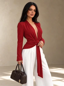 INAWLY Burgundy Deep V-Neck Tie-Front Long Sleeve Ribbed Knit Top, Slim Fit - Burgundy - View 4