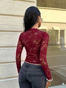Aloruh Black Lace Hollow Out Design Long Sleeve Sexy Top For Women,Halloween,Clubbing - Burgundy - View 2