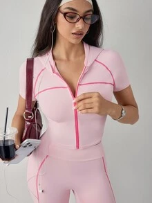 Dewbera Dewbera Women's Fall Sports Sporty Athleisure Set, Long Sleeve Front Color-Block Full Zip Contrast Color Jacket Regular Waist Tight-Fitting Pants Flare Pants - Pink - View 5