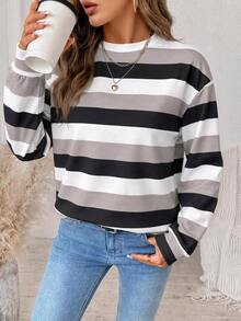 SHEIN LUNE 女款衛衣，秋季服飾，休閒極簡復古優雅通勤百搭保暖印花藍白條紋，秋季穿搭，女款通勤穿搭，百搭上衣，外出穿搭，機場穿搭 - 白色 - 查看 4