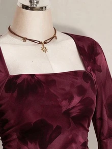SHEIN ICON 女款休閒浪漫小碎花大尺碼酒紅色上衣，適合春秋穿著 - 彩色 - 查看 6