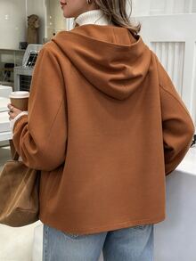 Easura Women's Plus Size Vintage Casual Hooded Zip-Up Short Loose Versatile Commute Jacket, Autumn/Winter - Brown - View 2