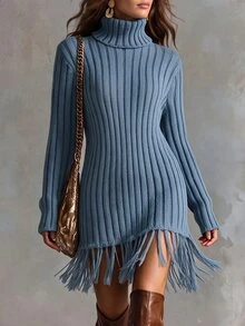 Solivie Women's Autumn/Winter Blue Tassel Sweater Top, Versatile - Blue - View 3