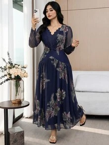 Modelyn Plus Size Women's V-Neck Floral Print Casual Party Dress - Navy Blue - View 8