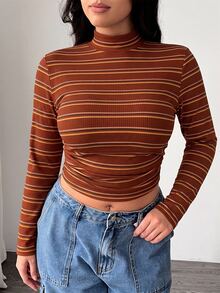 SHEIN EZwear 大尺碼休閒條紋立領短版T恤，秋冬條紋高領上衣長袖上衣條紋長袖上衣條紋上衣秋季 - 棕色 - 查看 5