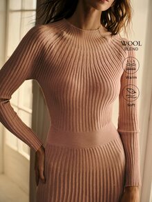 MOTF PREMIUM AUTUMN/WINTER SOFT MINIMALIST SEXY AESTHETIC DATE & COMMUTE HIGH-END FINE GLITTER RIBBED KNIT FABRIC ROUND NECK HOLLOW WAIST CINCHED FISHTAIL HEM CORAL PINK WOMEN'S LONG SWEATER DRESS - Coral Pink - View 2