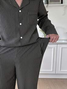 DAZY Spring/Autumn Long Sleeve Dark Gray Striped Long Pants Men's Loungewear Set - Dark Grey - View 4
