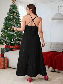 Solflare Plus Size Women's Solid Color Casual Party Spaghetti Strap Dress - Black - View 2
