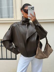 Siren Gaze Women's Solid Color PU Leather Fashion Versatile Long Sleeve Jacket - Brown - View 5
