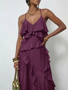 Zivah Women's Solid Color Multi-Layer Ruffle Fashion Vacation Spaghetti Strap Dress - Purple - View 11