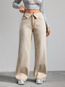SHEIN Tall 女款摺腰直筒寬鬆休閒百搭牛仔褲 - 卡其色 - 查看 4