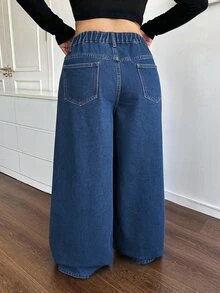 Dripcurv Plus Size Women's Loose Wide Leg Casual Denim Jeans With Pockets - Dark Wash - View 7