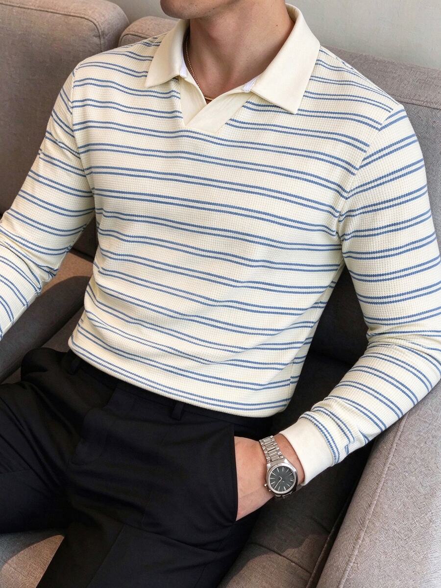 Calvornis Men's Striped Casual Long Sleeve Polo Shirt For Daily Wear - White - View 1