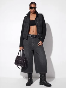 Aveloria GENKIRA Women's Padded Coat Short Straight Knit Patchwork High Neck Drawstring Modern Streetwear Casual Black Quilted Plaid Puffer Jacket Winter Club Everyday - Black - View 6