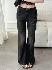 DAZY Women's Casual Versatile Flare Leg Denim Jeans With Pockets Fall - Black - View 5