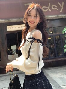 DAZY Women's Cold Shoulder Bow Decor Casual Pullover Sweater - White - View 4