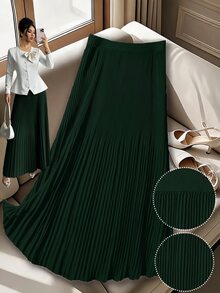 GlowEve CURVE Plus Size Elegant Solid Color Pleated A-Line Skirt For Work Fall Cloth For Women - Green - View 1