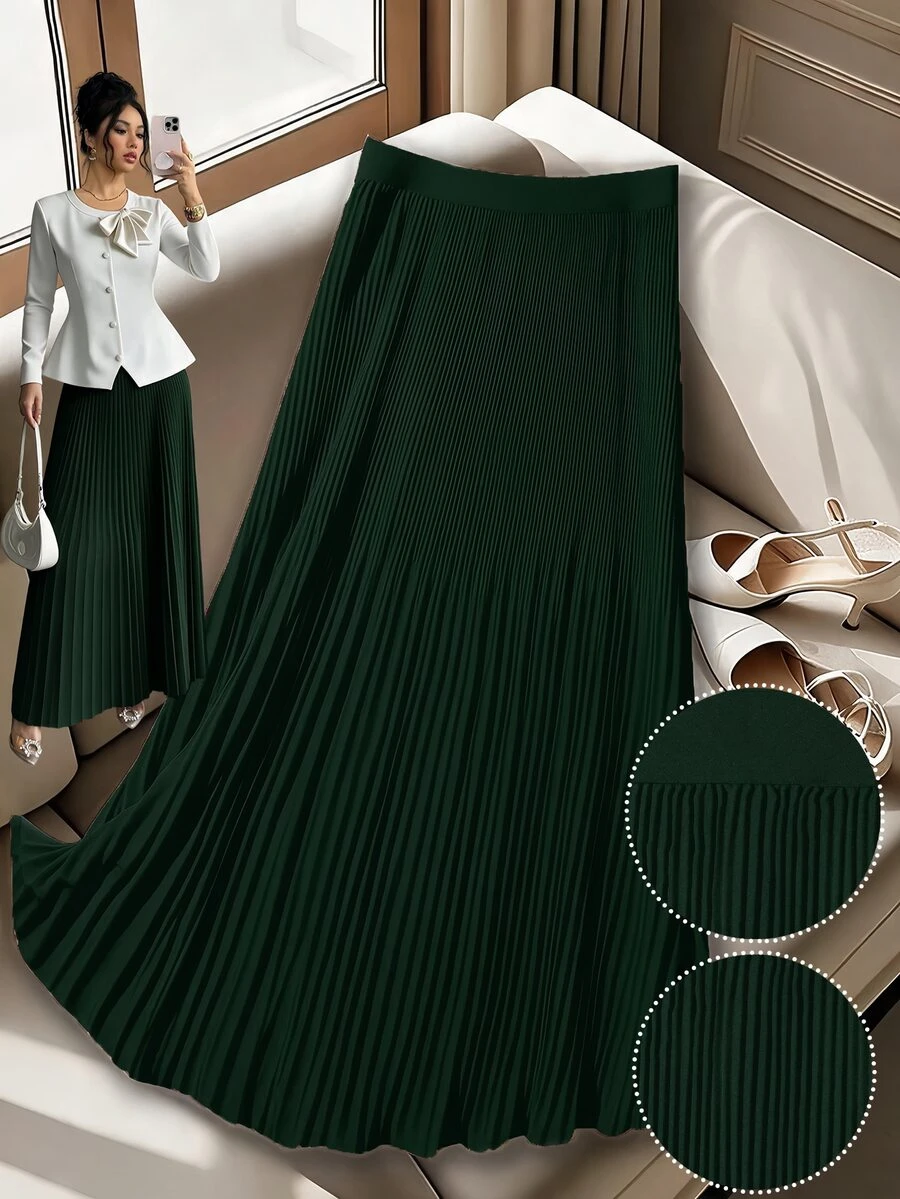 GlowEve CURVE Plus Size Elegant Solid Color Pleated A-Line Skirt For Work Fall Cloth For Women - Green - View 1
