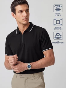 TekDrob UV Protection & Cool Feeling Raglan Polo Shirt With RIB Details, Zippered Placket And 4-Way Stretch - Black - View 1