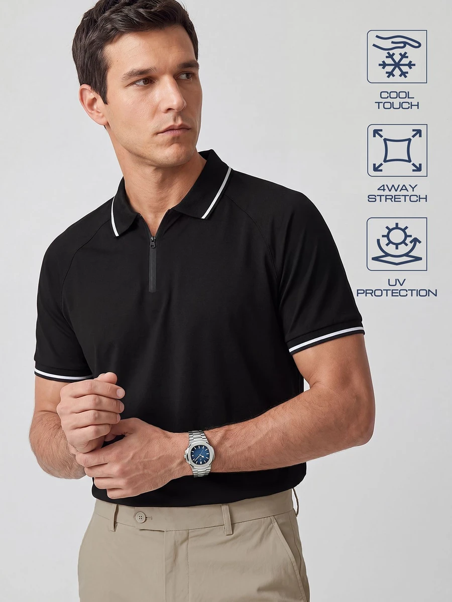 TekDrob UV Protection & Cool Feeling Raglan Polo Shirt With RIB Details, Zippered Placket And 4-Way Stretch - Black - View 1
